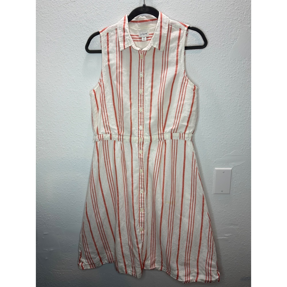 J.Crew Striped Linen‎ Cotton Shirt Dress Womens 8 White Orange Sleeveless